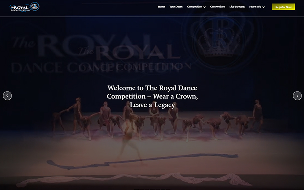Dark-themed Webflow homepage for Royal Dance Competition with spotlight lighting and large hero text promoting event details.
