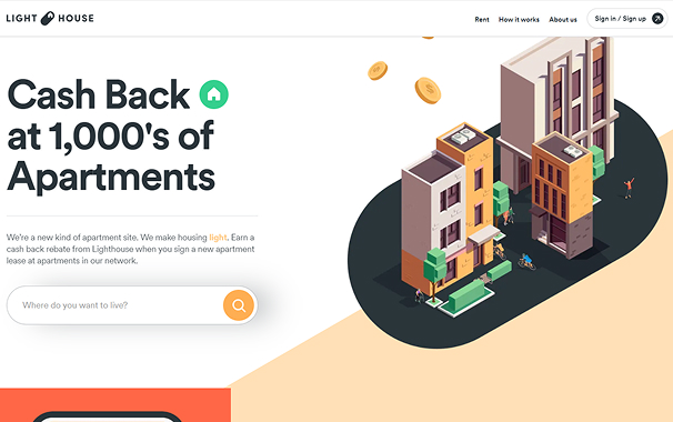 Landing page mockup for Lighthouse with a modern 3D illustration of an apartment building and a cashback promotional message.