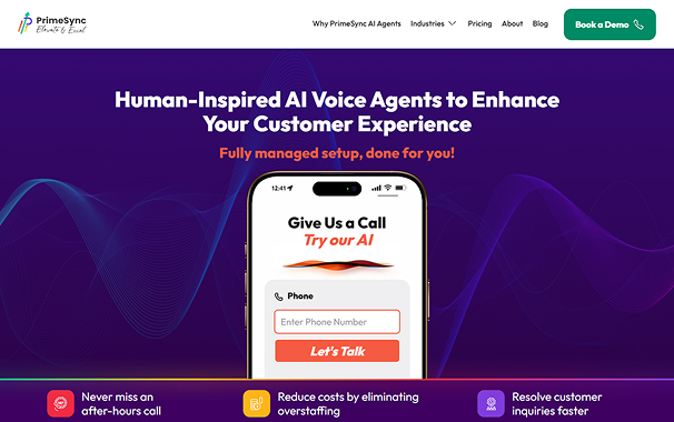PrimeSync homepage with a voice agent demo interface showing a phone number entry field and call-to-action button against a wavy purple background.