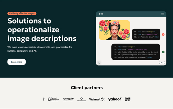 Homepage of Scribely’s Webflow website featuring an image description solution with accessibility icons and logos of client partners.