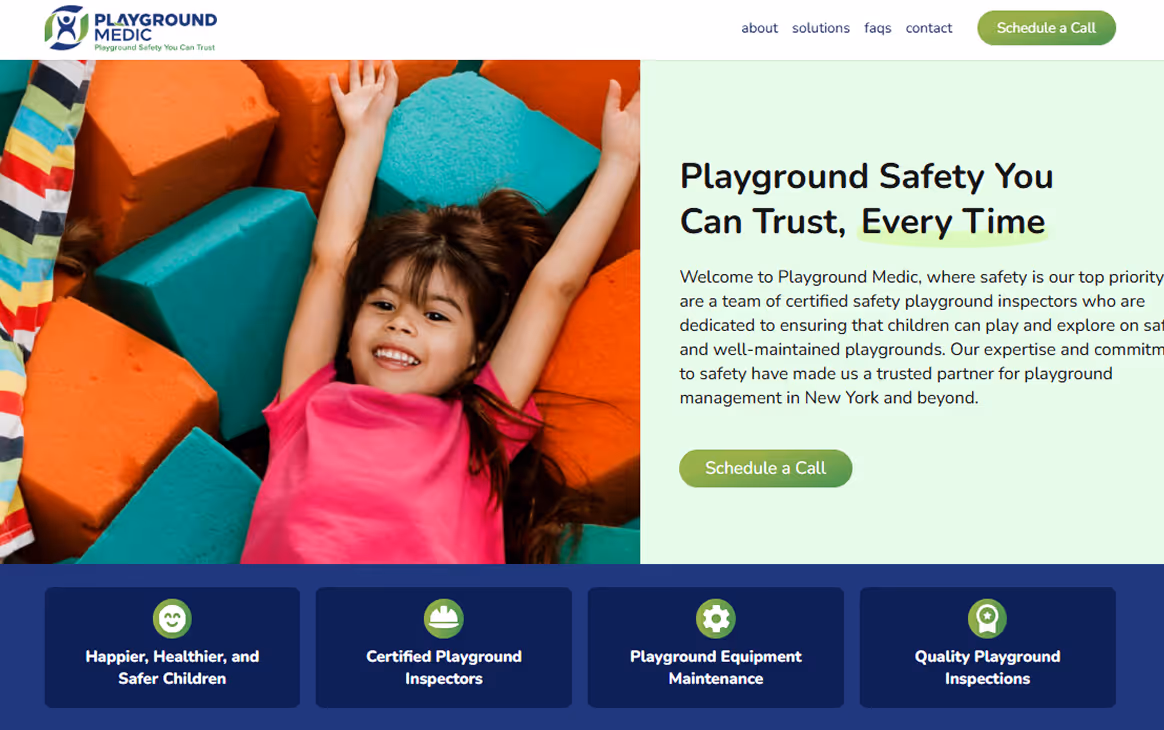 Homepage of Playground Medic’s Webflow site showing children on playground equipment and bold messaging around safety and trust.